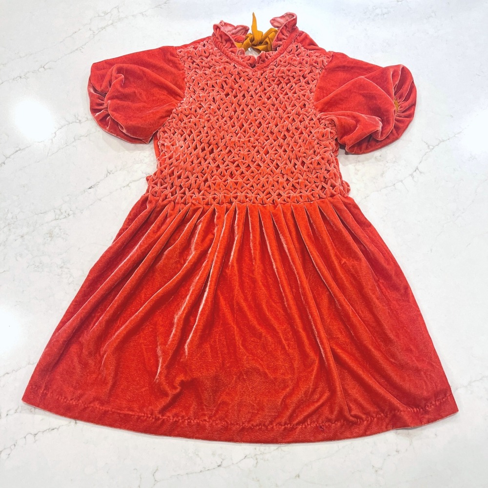 Free People Gumdrop Velvet Smocked Mini Dress Womens S Orange Red Open Back Tie